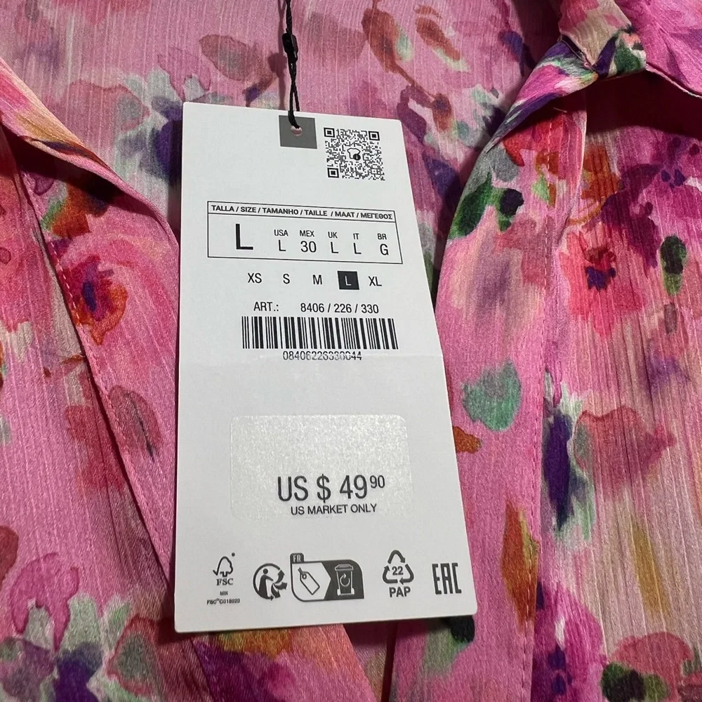 NWT ZARA pink floral print ruffled blouse size L - Picture 7 of 12